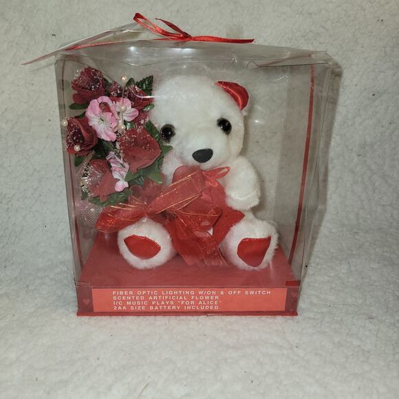 Vintage 1980s Fiber Optic Plush Bear Rose Bouquet Musical Music Gift Box Lights - Picture 1 of 8